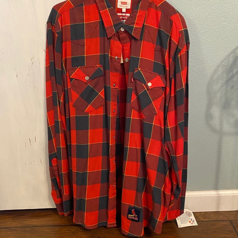Levi Flannel with STL cardinals logo on bottom